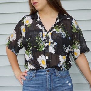 Black floral button down short sleeve shirt
